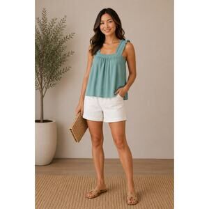 E & M Teal Gauze Ruffle Straps Back Bow Tie Vacation Cottage Summer Tank Top L